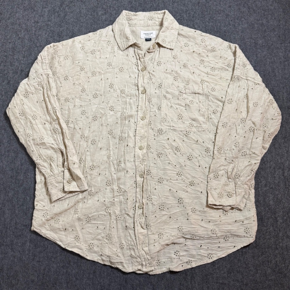 American Eagle Eyelet Oversized Fit Button Down Shirt Beige Cream Small